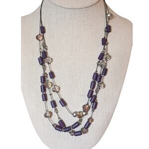 Charming Charlie Purple Wood Smoky Lavender Crystal Gun Metal 3 Strand Necklace